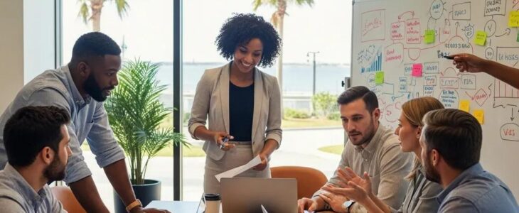 Group of entrepreneurs collaborating in a modern Pensacola office, emphasizing business formation services