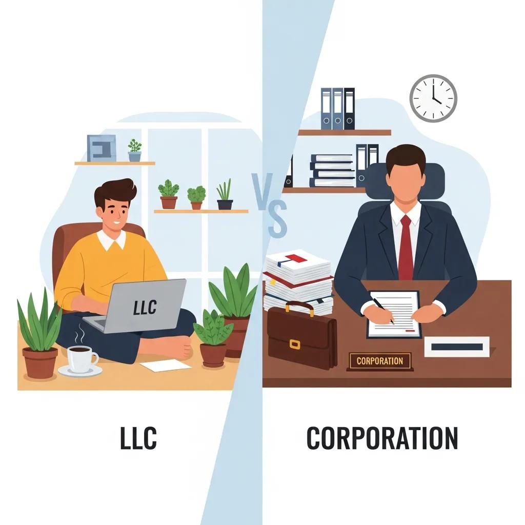 Visual comparison of LLC and corporation business structures in Florida, showcasing different environments