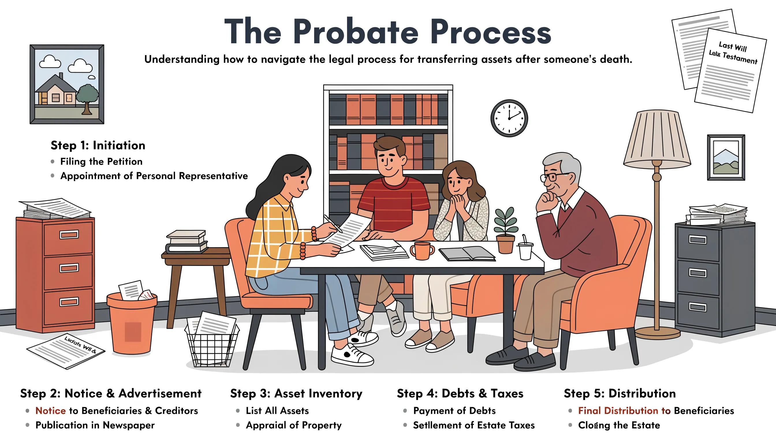 Legal professional guiding a family through the probate process in a supportive office setting
