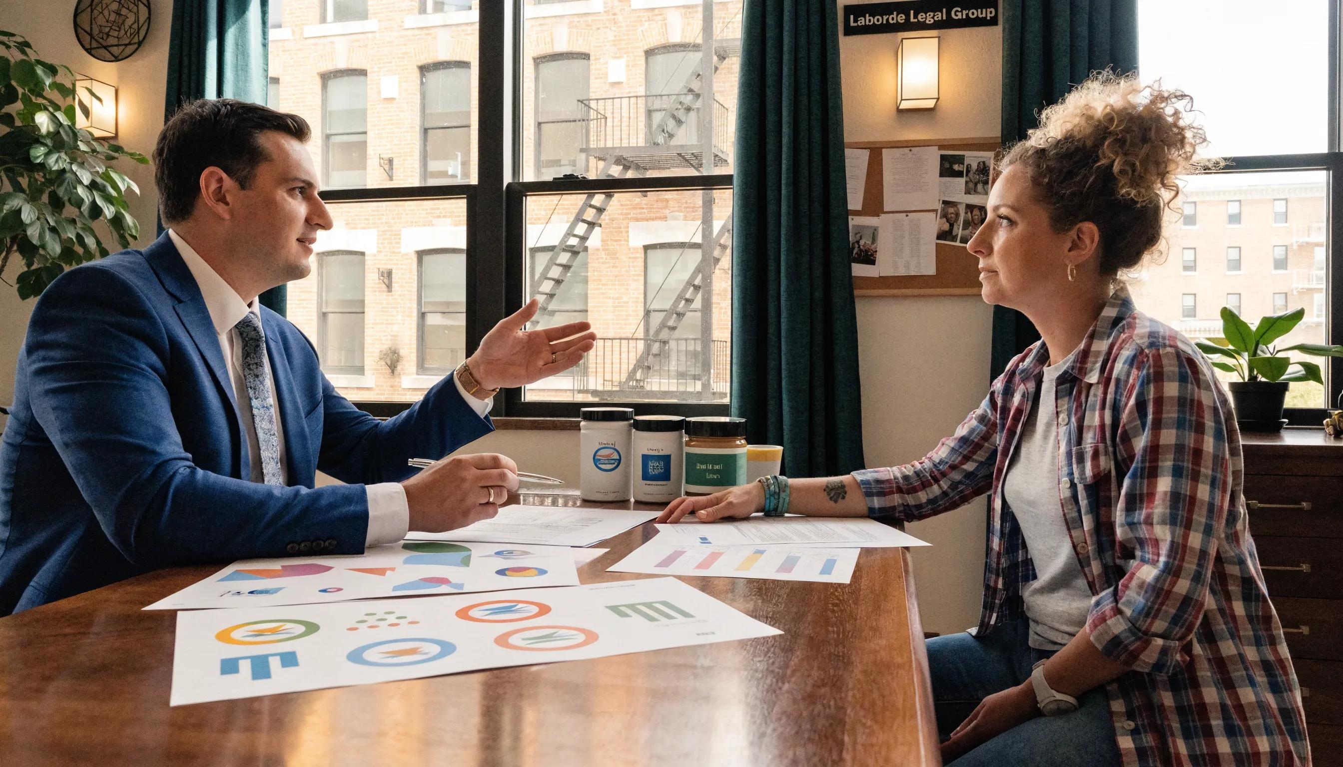 Attorney assisting a business owner with trademark registration, showcasing branding elements in a legal consultation.