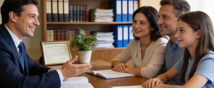 Family consulting with a legal advisor on estate planning in a modern office setting