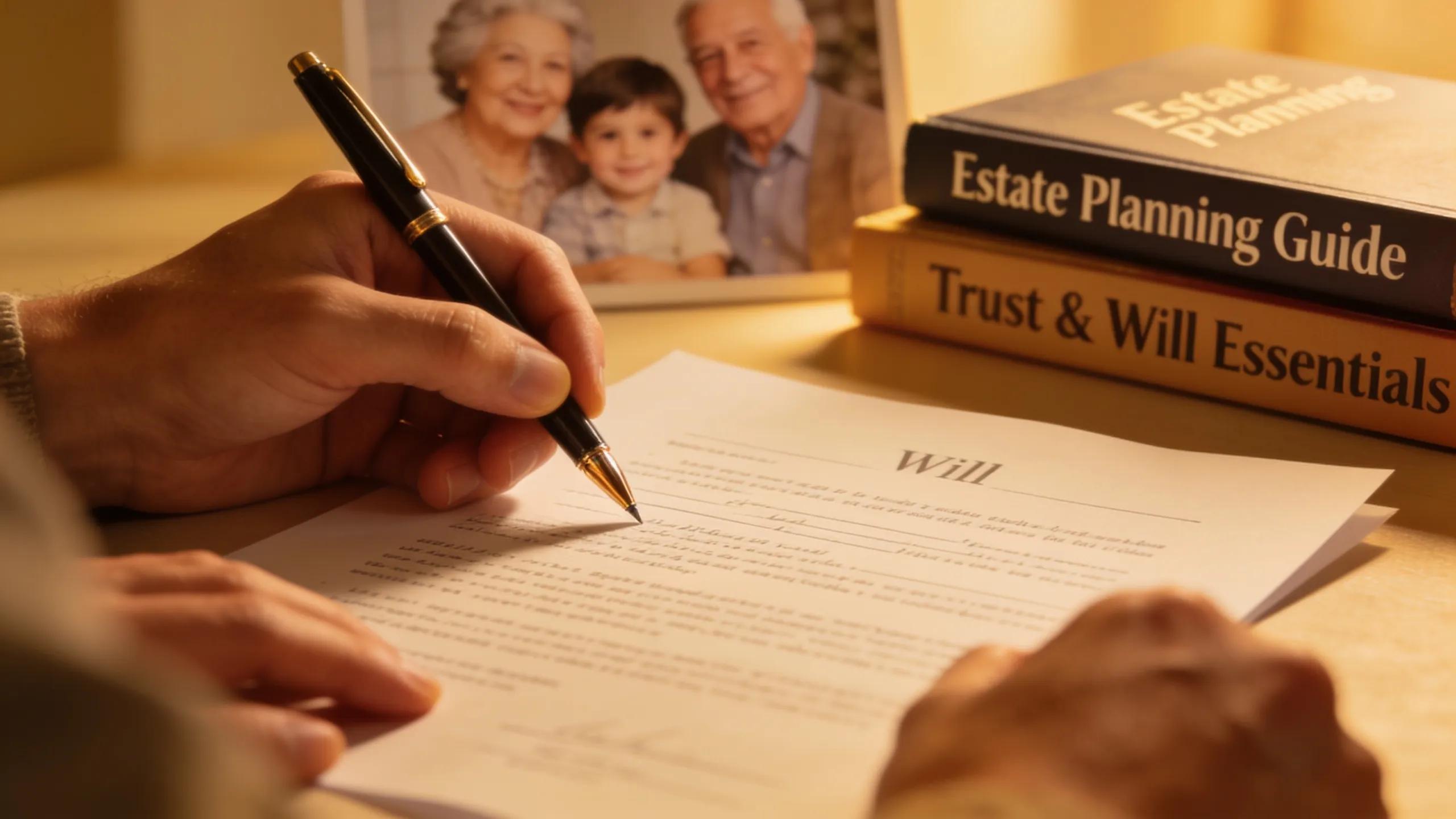 Hands drafting a will, with family photos and estate planning resources blurred in the background.