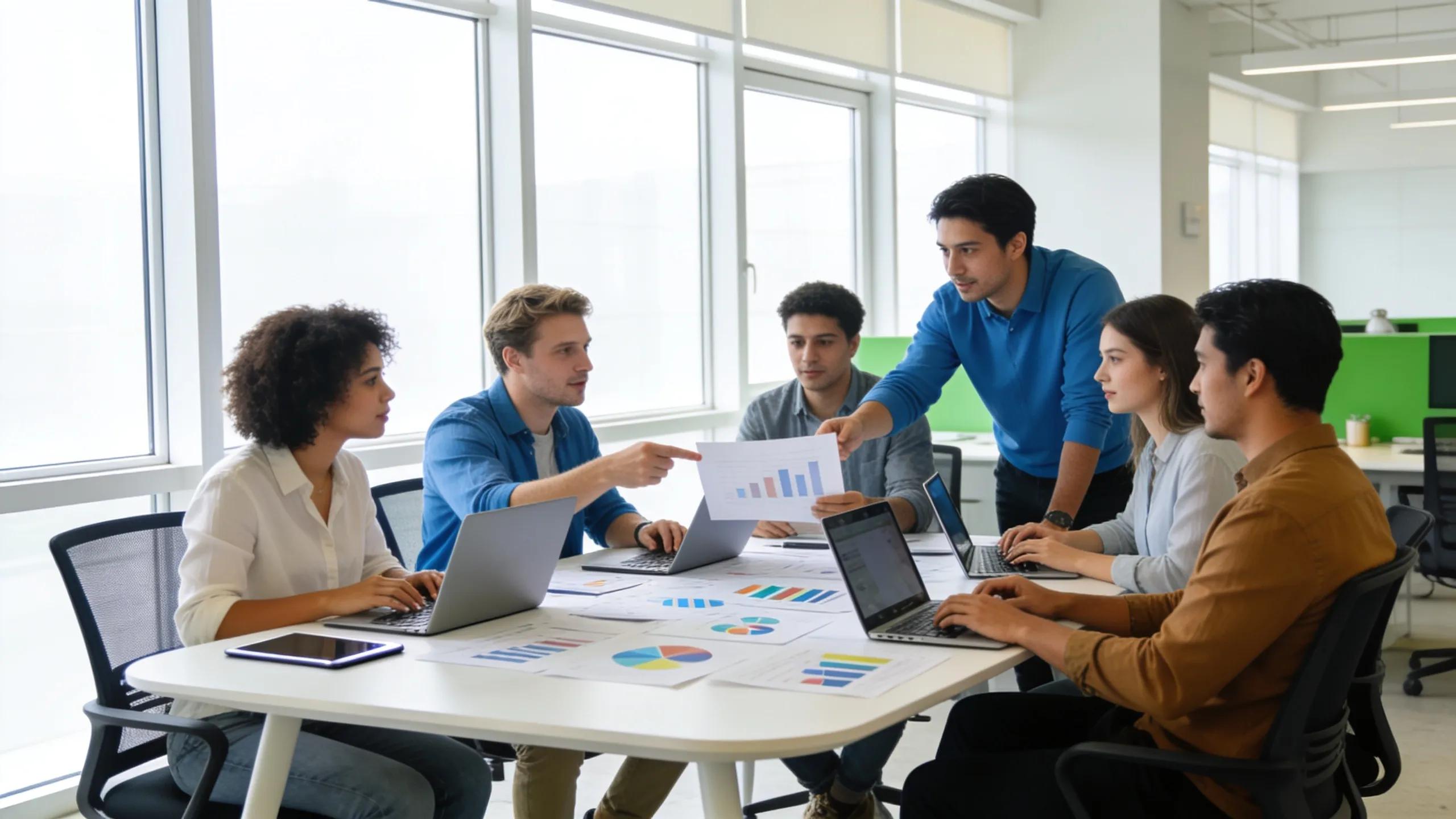 Entrepreneurs collaborating on business formation strategies in a modern office environment