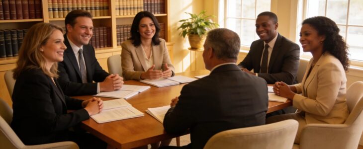 Client consultation with attorneys in a law office, showcasing estate planning expertise and client-focused service.