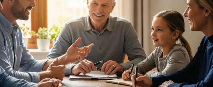 Family discussing estate planning in a cozy setting