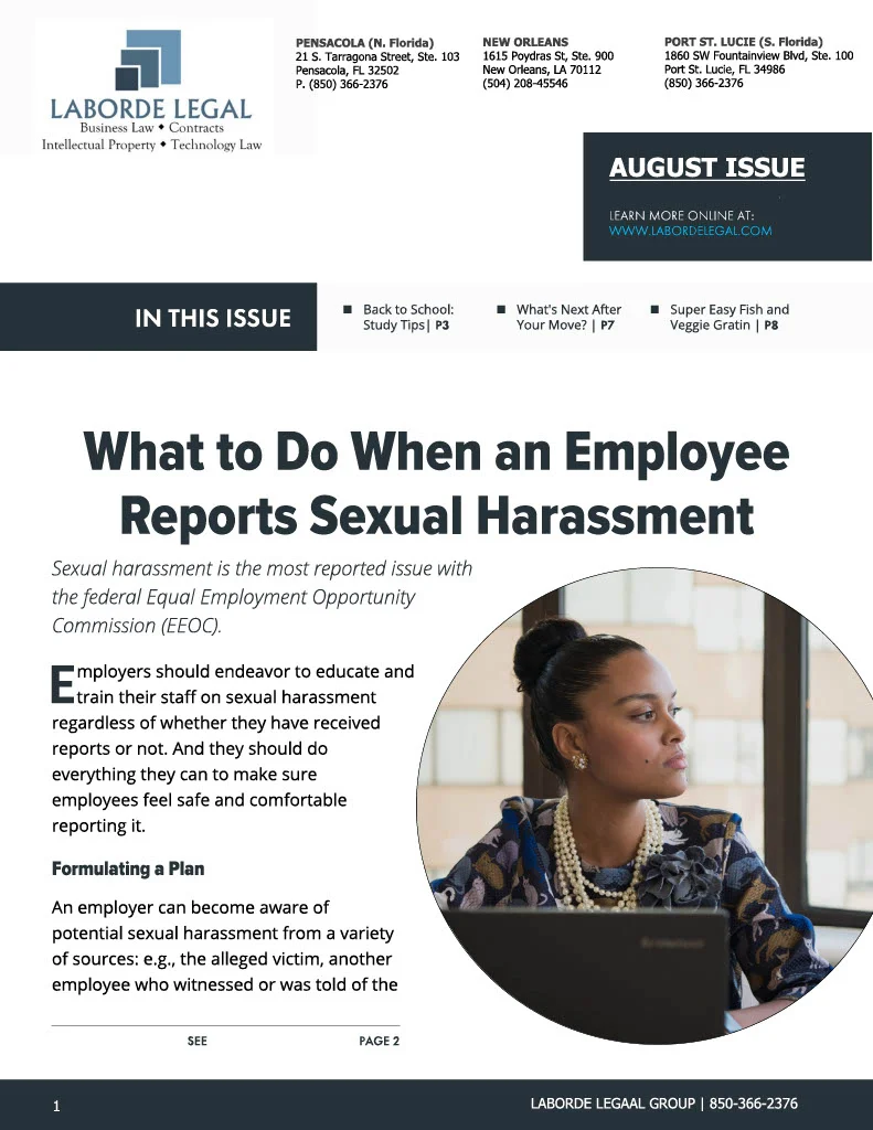Cover of the Laborde Legal Group's August newsletter, featuring a photo of a professional woman at her desk and the main article title, "What to Do When an Employee Reports Sexual Harassment."