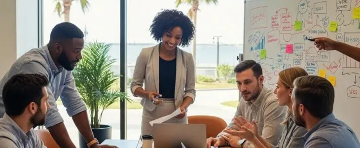 Group of entrepreneurs collaborating in a modern Pensacola office, emphasizing business formation services