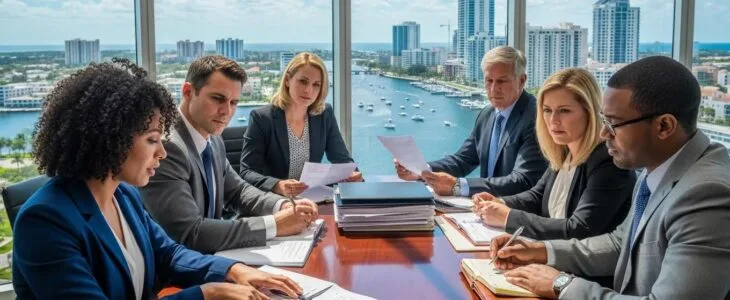 Business professionals discussing legal services in a modern conference room