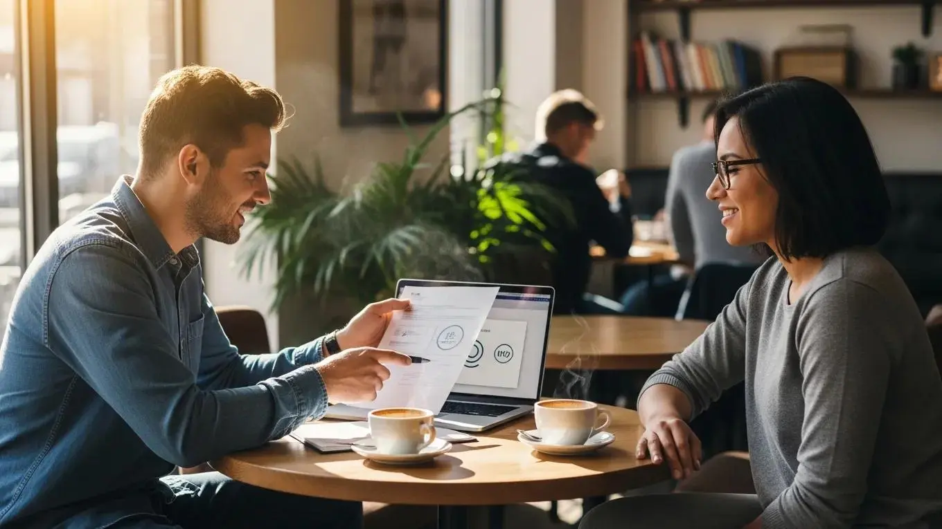 Local trademark attorney providing guidance to a small business owner in a casual setting
