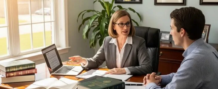 Trademark registration attorney consulting with a client in a professional office setting