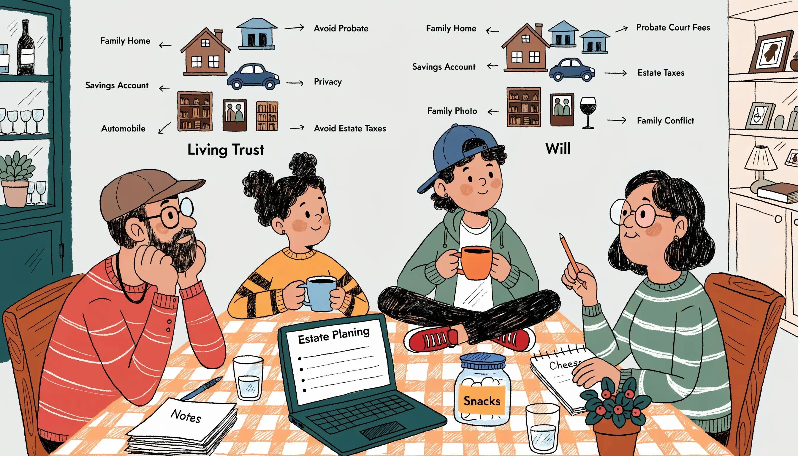 Family discussing the differences between a living trust and a will at home during estate planning