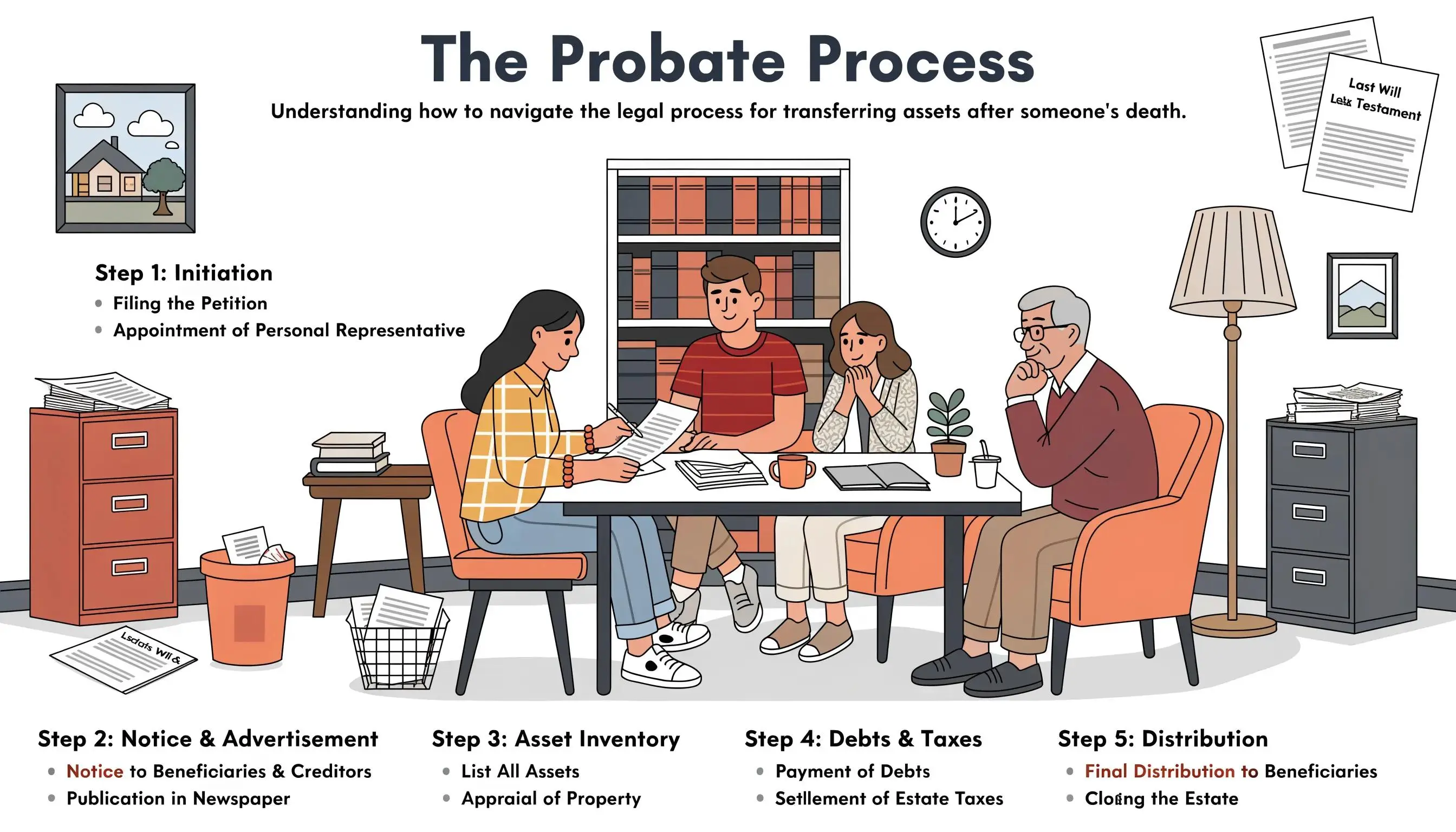 Legal professional guiding a family through the probate process in a supportive office setting