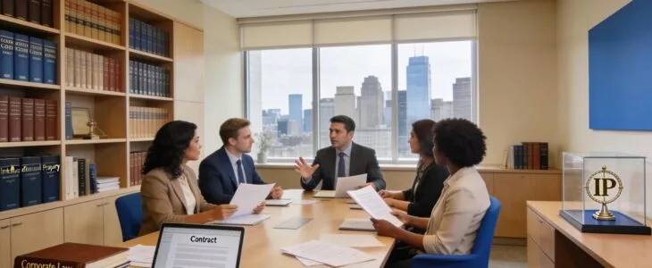 Austin law office environment with professionals discussing legal matters, representing Laborde Legal Group's services