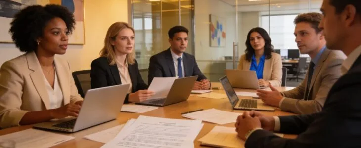 Diverse business professionals discussing legal solutions in a modern office setting