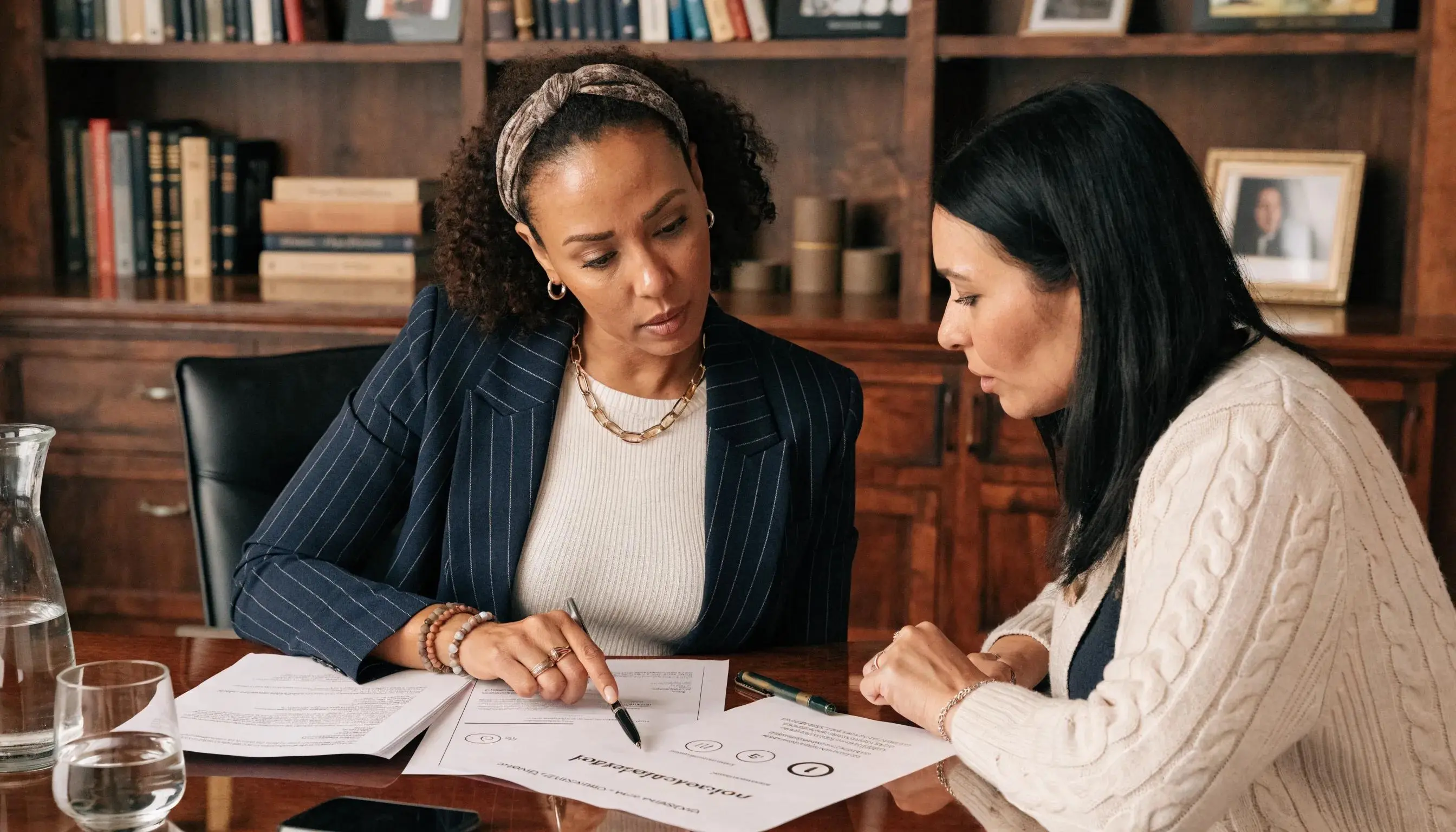 Trademark attorney assisting client with intellectual property applications, emphasizing legal expertise