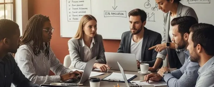 Entrepreneurs collaborating on LLC registration in a modern office