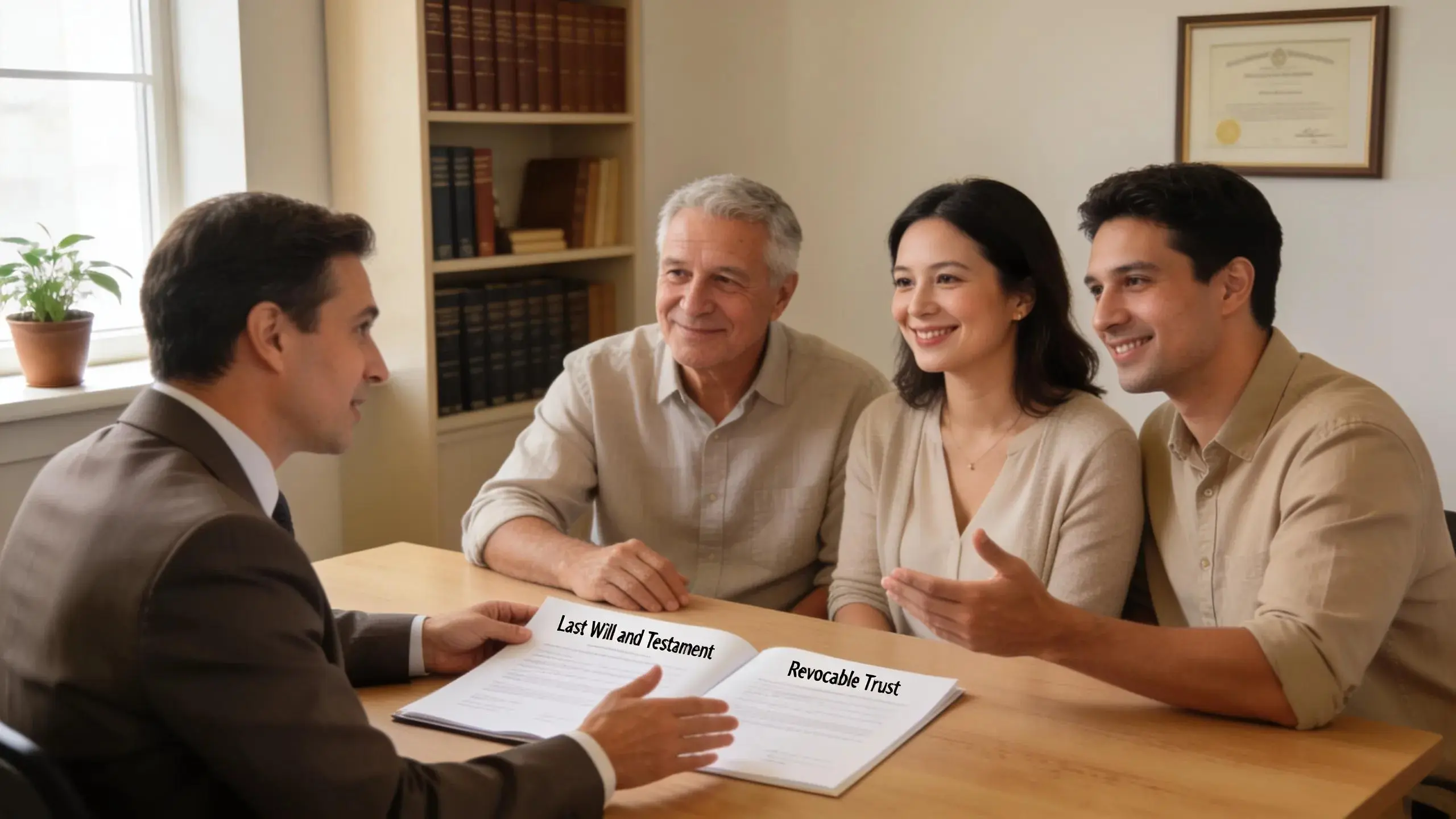 Estate planning attorney consulting with a family, highlighting the importance of wills and trusts